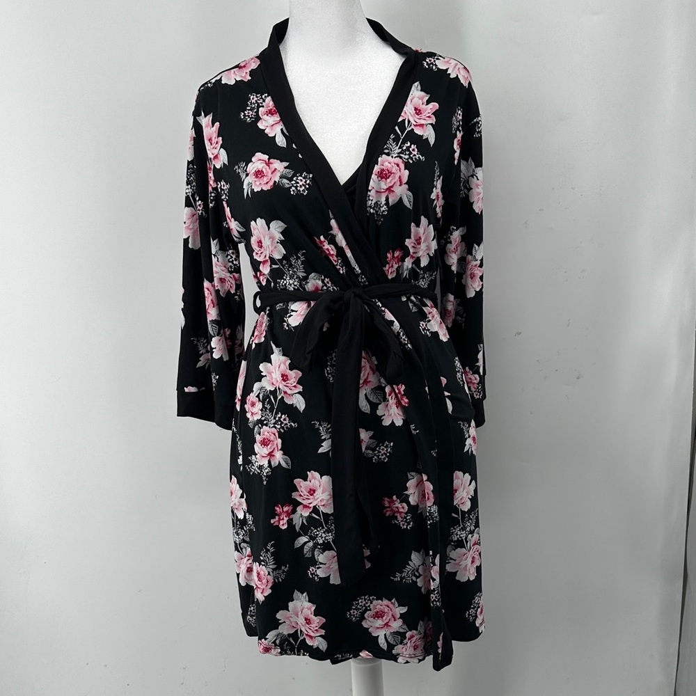 Laura Ashley Black and Pink Floral Nightie and Robe Set - Picture 2 of 8